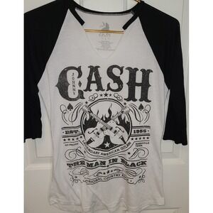 Johnny Cash Raglan Shirt Womens Lg Zion Rootswear White Black Man in Black